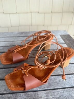 Ulla Johnson Loren Lace-Up Midi Heel Sandals Sierra Brown Leather Sz 38 / 7